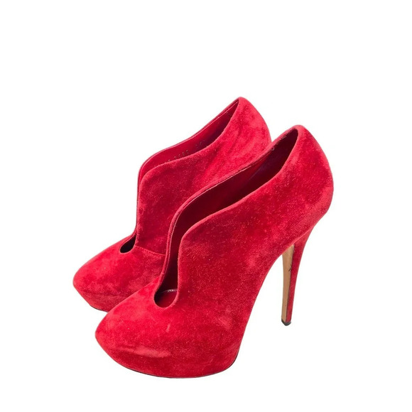Casadei Red Suede Platform Slip On Ankle Tulip Cut Out Booties Heels Size 6‎ - Picture 3 of 11